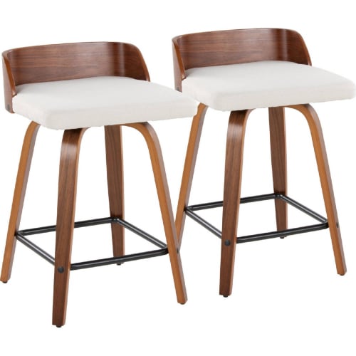 Maya 24" Swivel Counter Stool in Walnut Wood & Cream Fabric w/ Black Footrest (Set of 2)